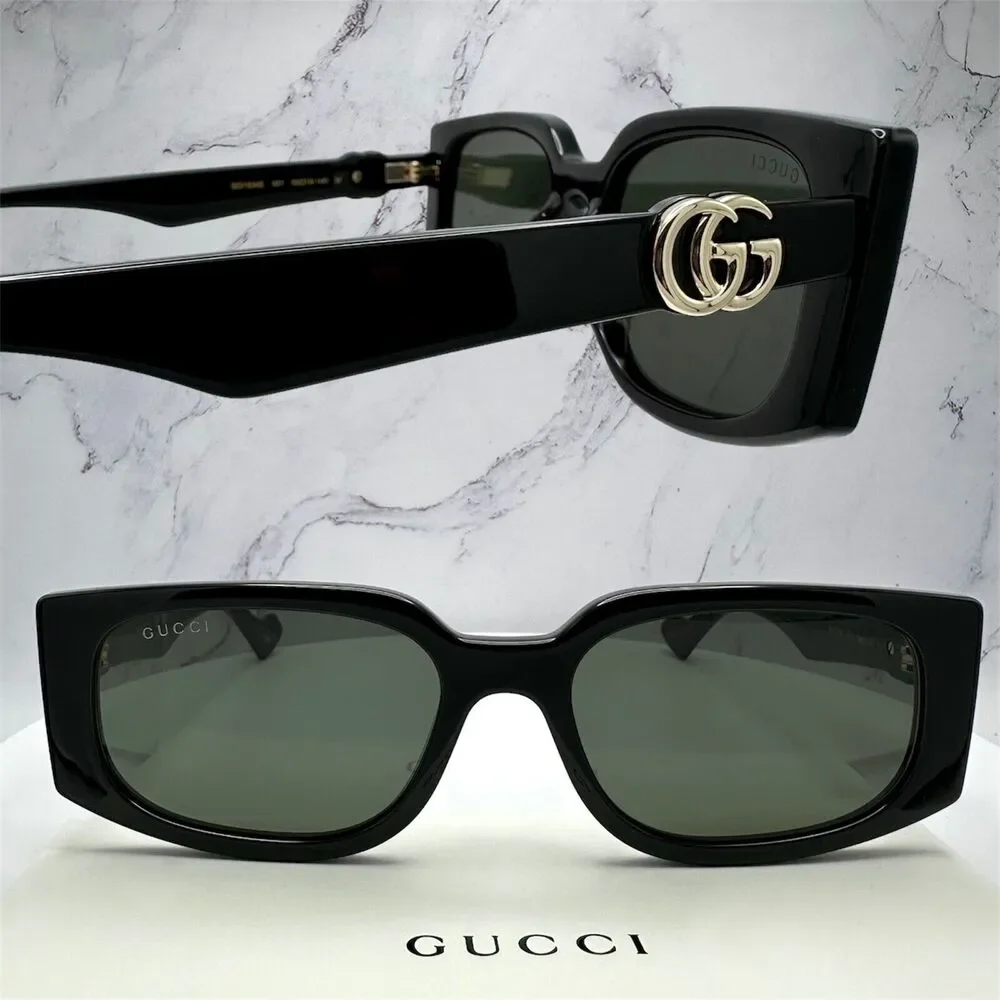 New Gucci Sunglasses Black Square Rectangular Gold Interlocking GG Metal Logo